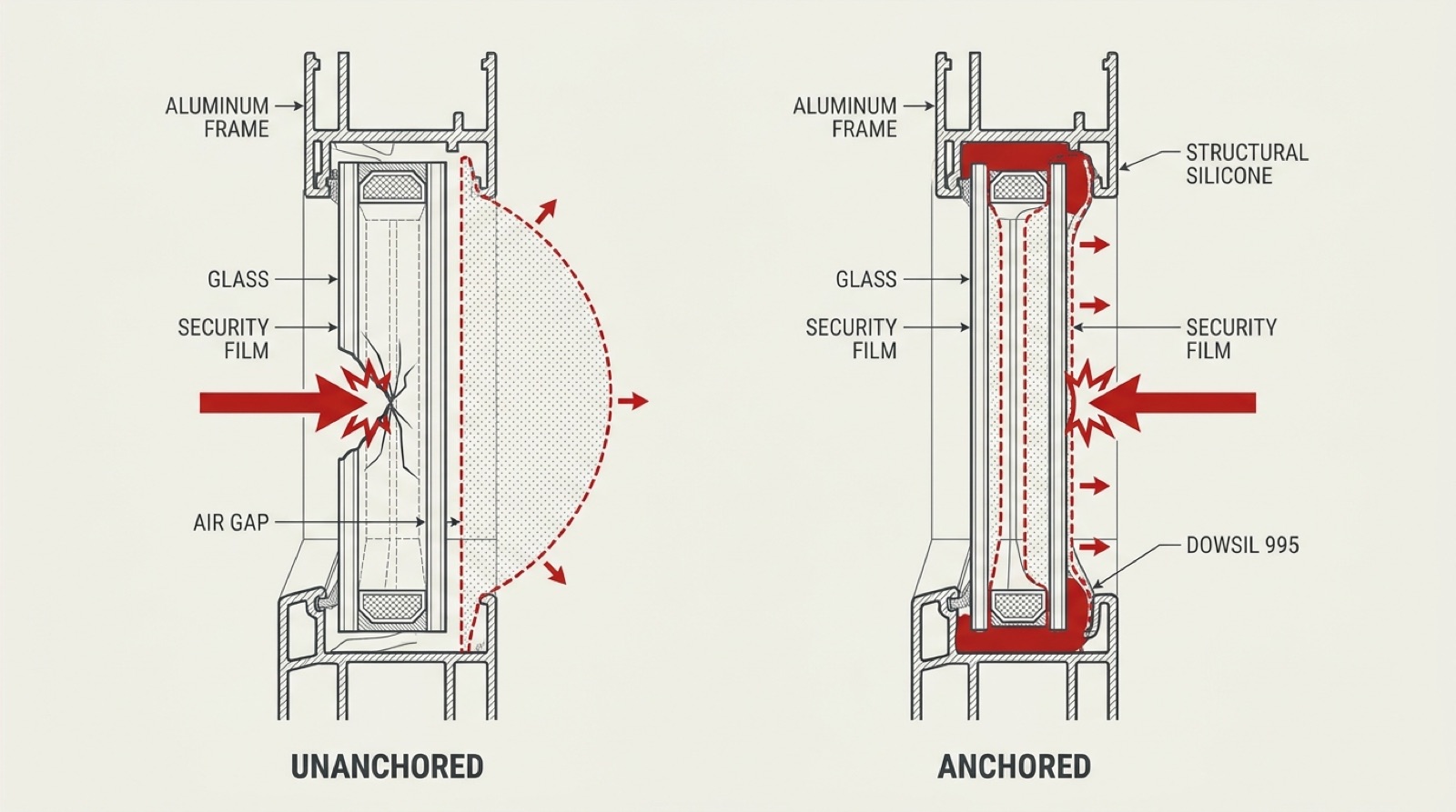 Cross-section diagram showing anchored vs. unanchored security window film at the frame edge