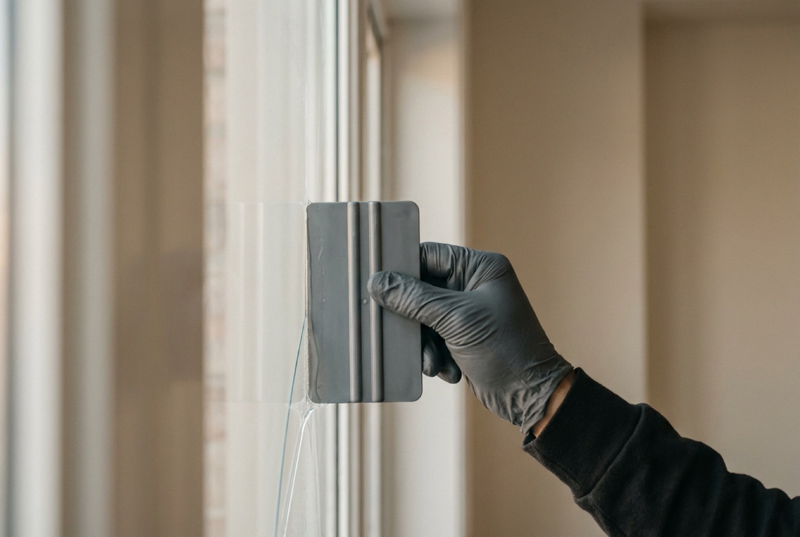 Clear 14-mil security window film being applied to a residential window pane