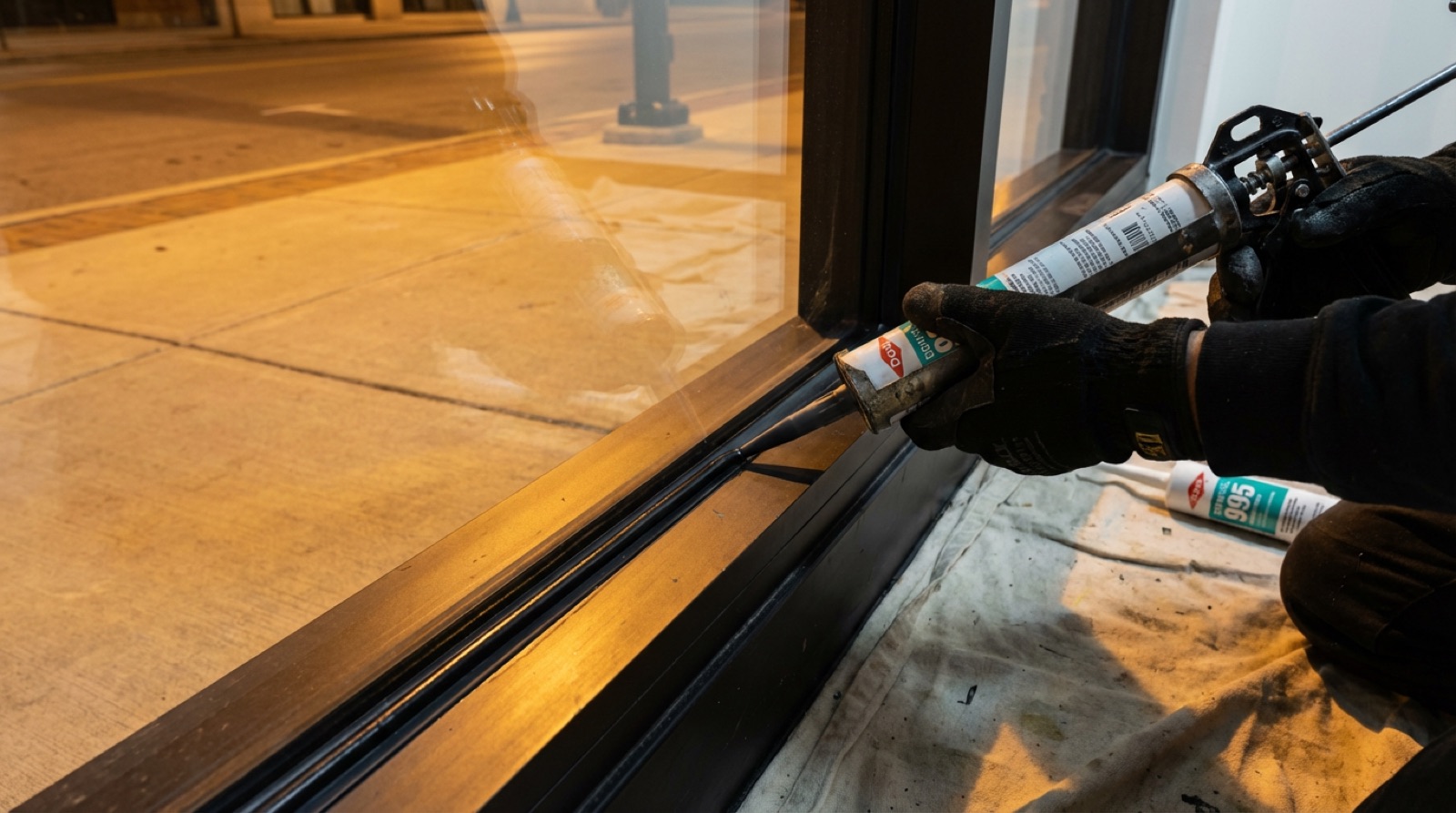 Dowsil 995 structural silicone bead along a window frame perimeter, anchoring the film edge