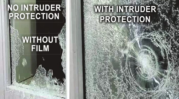 Before-and-after comparison of a window with and without security film, showing the subtle visual difference once the film is installed