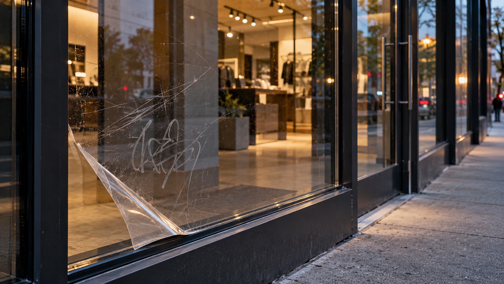 Clear sacrificial anti-graffiti film peeling from the lower corner of a tagged storefront window