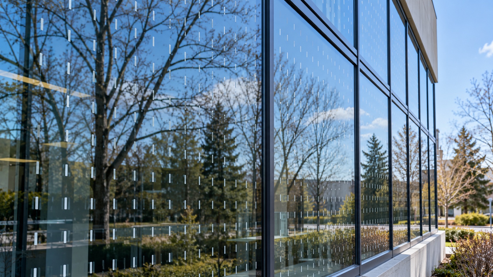 Exterior bird-friendly window film markers breaking up reflected trees on commercial glazing