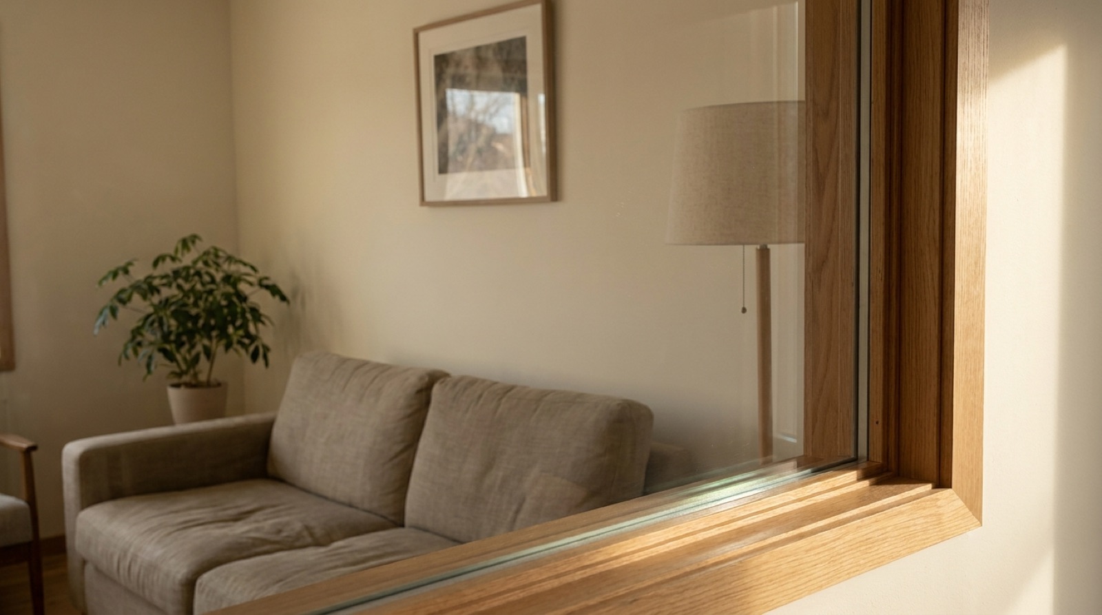 A residential window with a single layer of clear security film on the inside face, light catching the polyester surface at a low angle so the film is faintly visible to a viewer who knows where to look