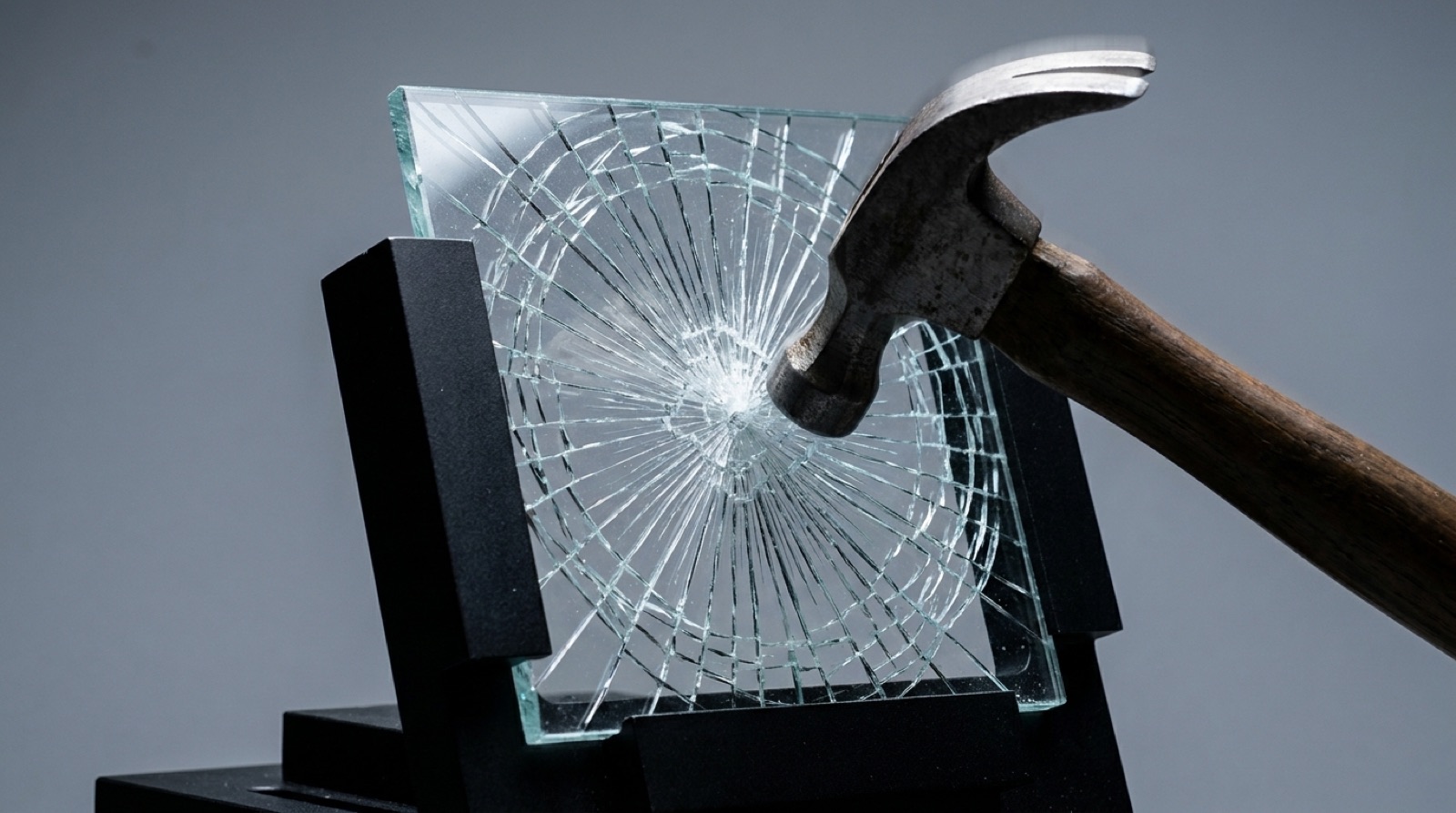 Tight studio macro of a hammer striking a small sample pane of residential glass that has security film applied to the inside face, the glass cracked but held together as a single bonded sheet