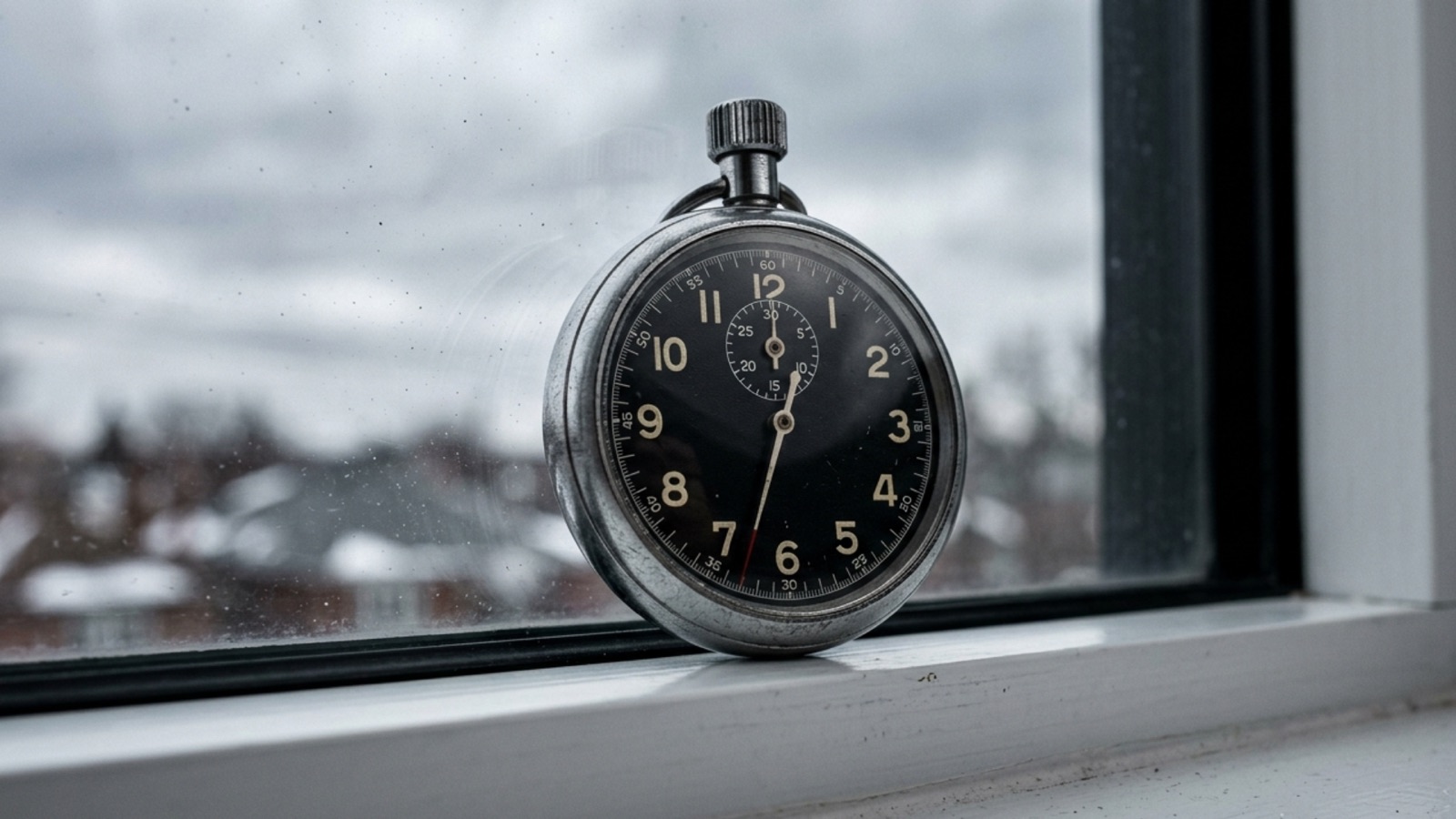 Tight macro shot of a mechanical stopwatch resting on a pane of residential glass, second hand frozen mid-sweep