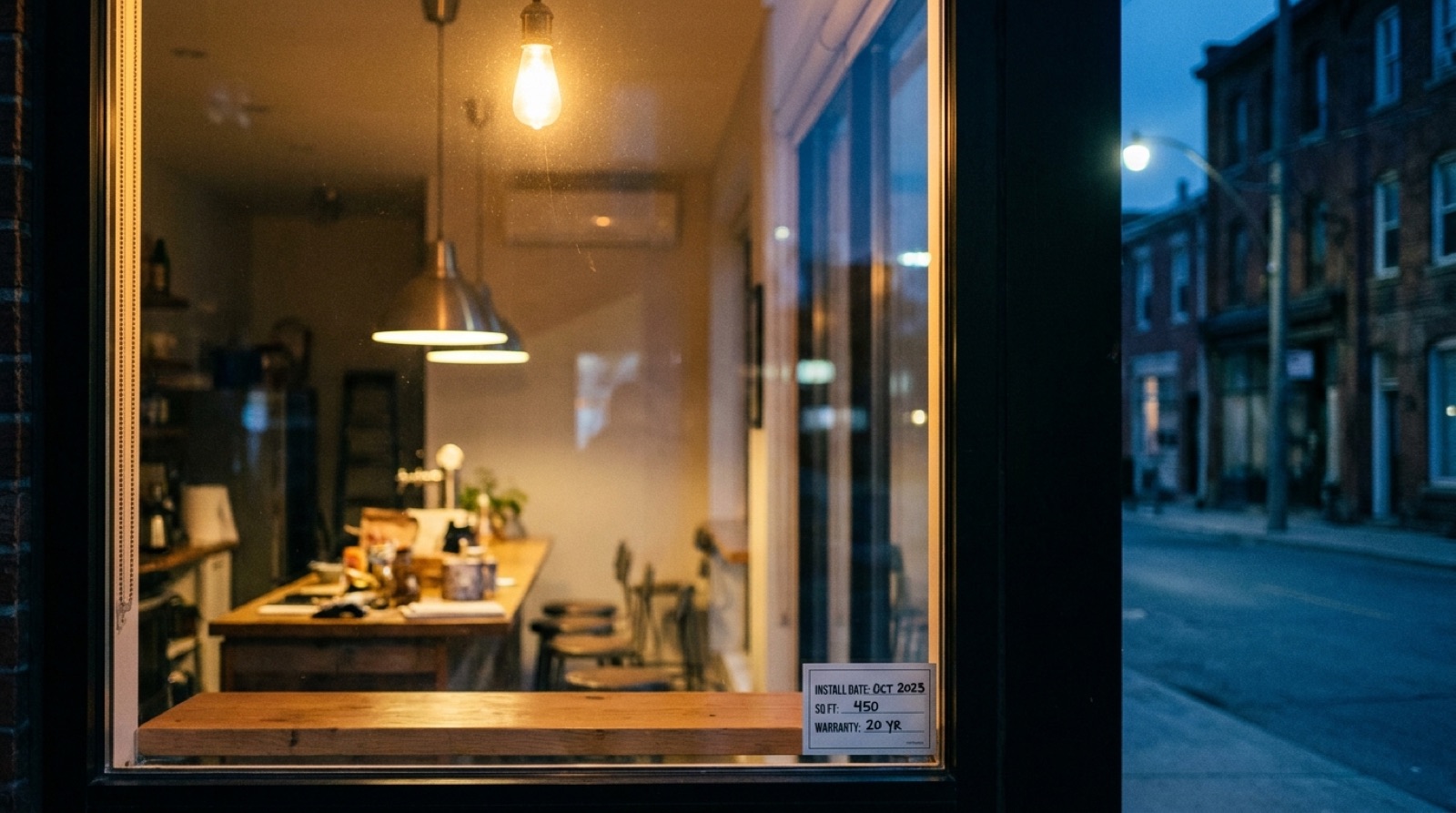 A storefront window at night with a small clean tag visible inside the glass listing the install date, square footage, and warranty period, while a closed-for-the-night shop interior is visible behind it