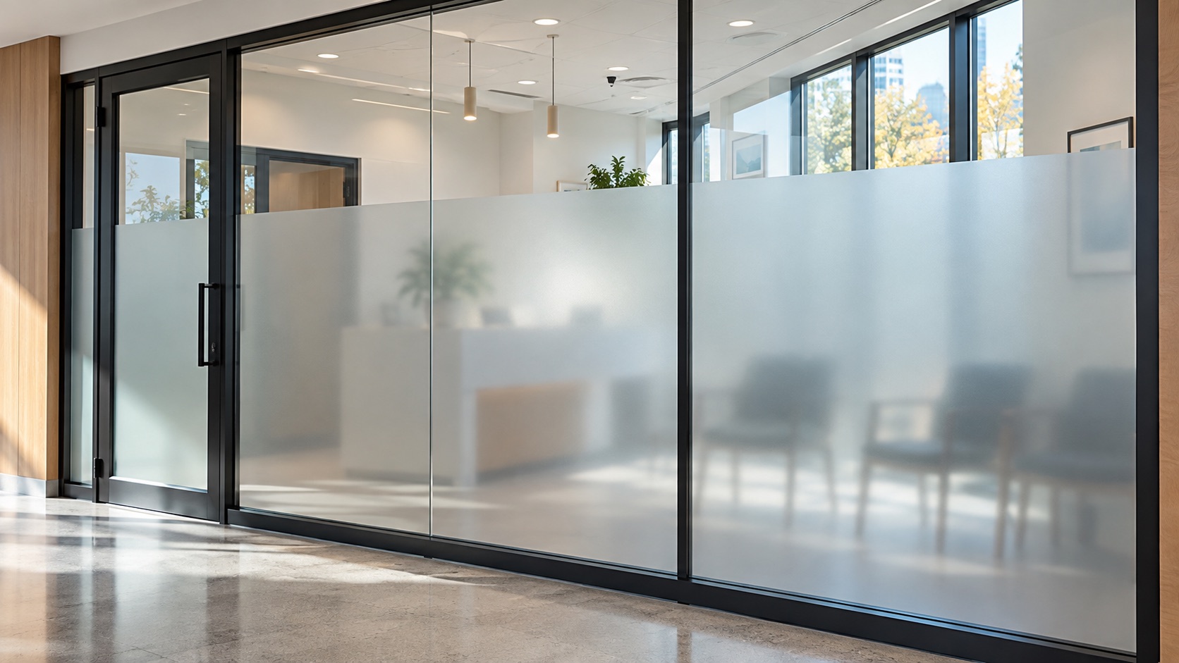 Frosted privacy film across the lower band of a modern clinic glass wall while daylight remains clear above
