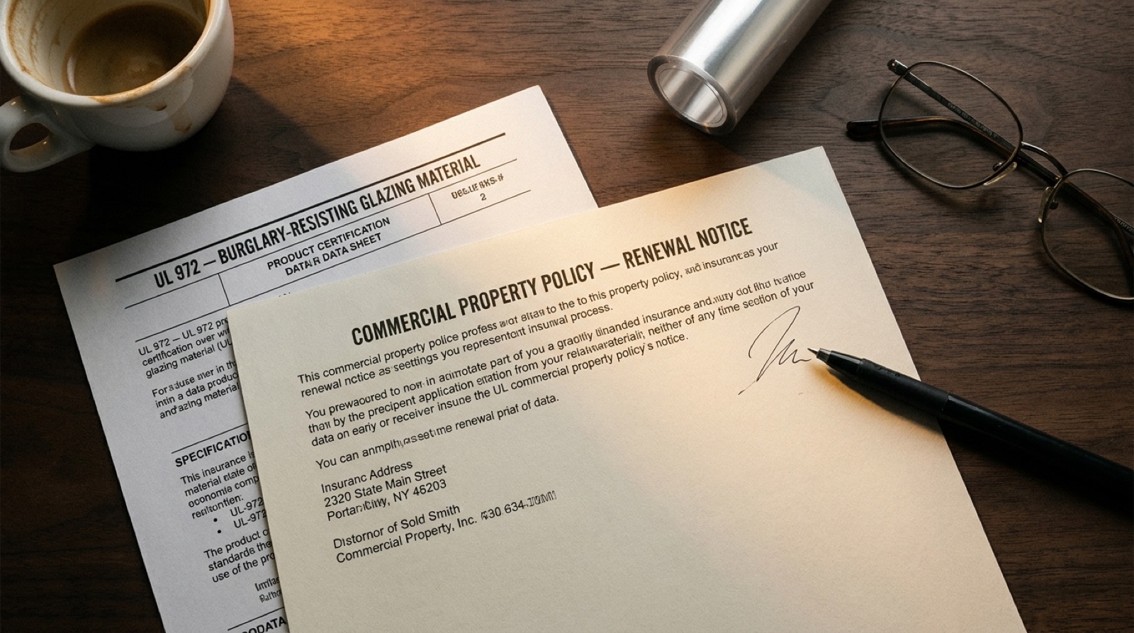 Overhead flat-lay of a commercial property insurance renewal notice, a UL-972 burglary-resisting glazing data sheet, a rolled sample of clear security film, reading glasses and a ballpoint pen on a matte walnut desk