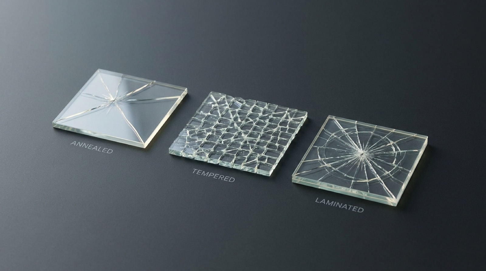 Three samples of residential glass laid side by side on a matte charcoal surface with small neutral labels