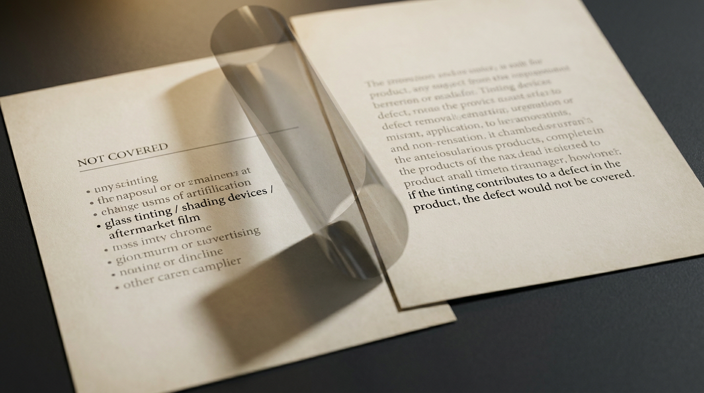 Two warranty excerpts side by side: one with a flat exclusion of glass tinting, one with conditional language about tinting contributing to a defect