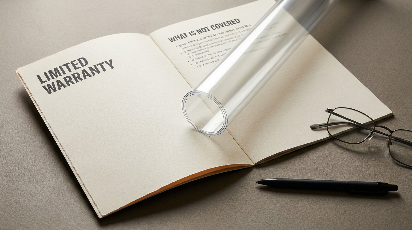 A window manufacturer's printed limited-warranty booklet open on a desk, an exclusion clause about glass tinting faintly legible, a clear film sample resting beside it