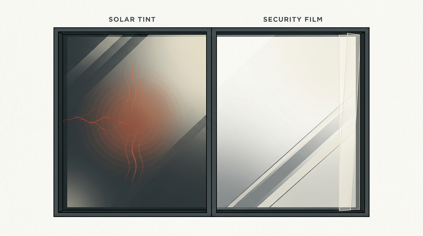 Split conceptual image: a dark reflective solar tint absorbing heat and stressing the glass on one side, a clear security film letting light through cleanly on the other