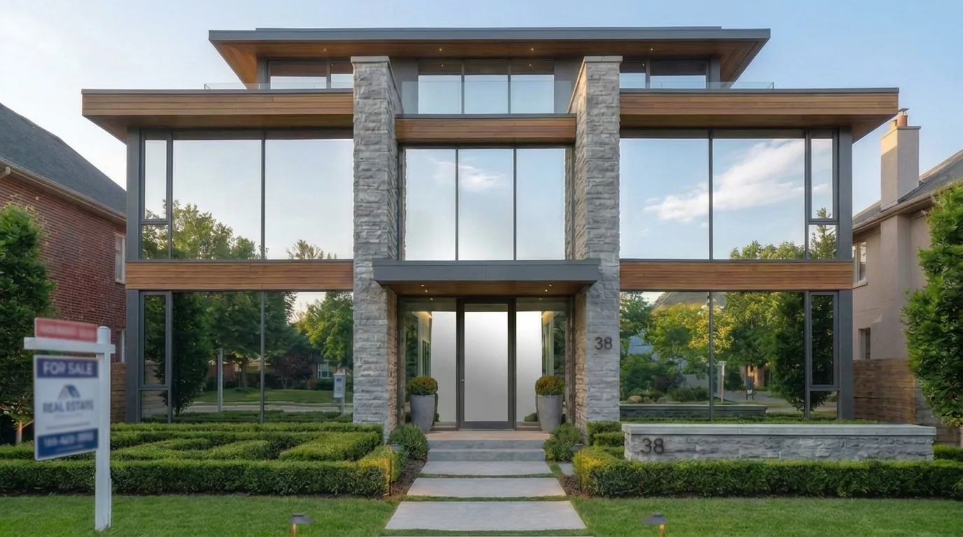 Reflective Silver window film shown on a home