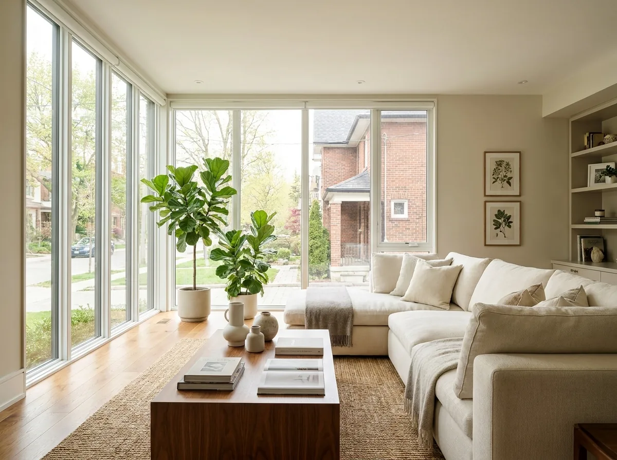 Bright, comfortable living room with large filmed windows