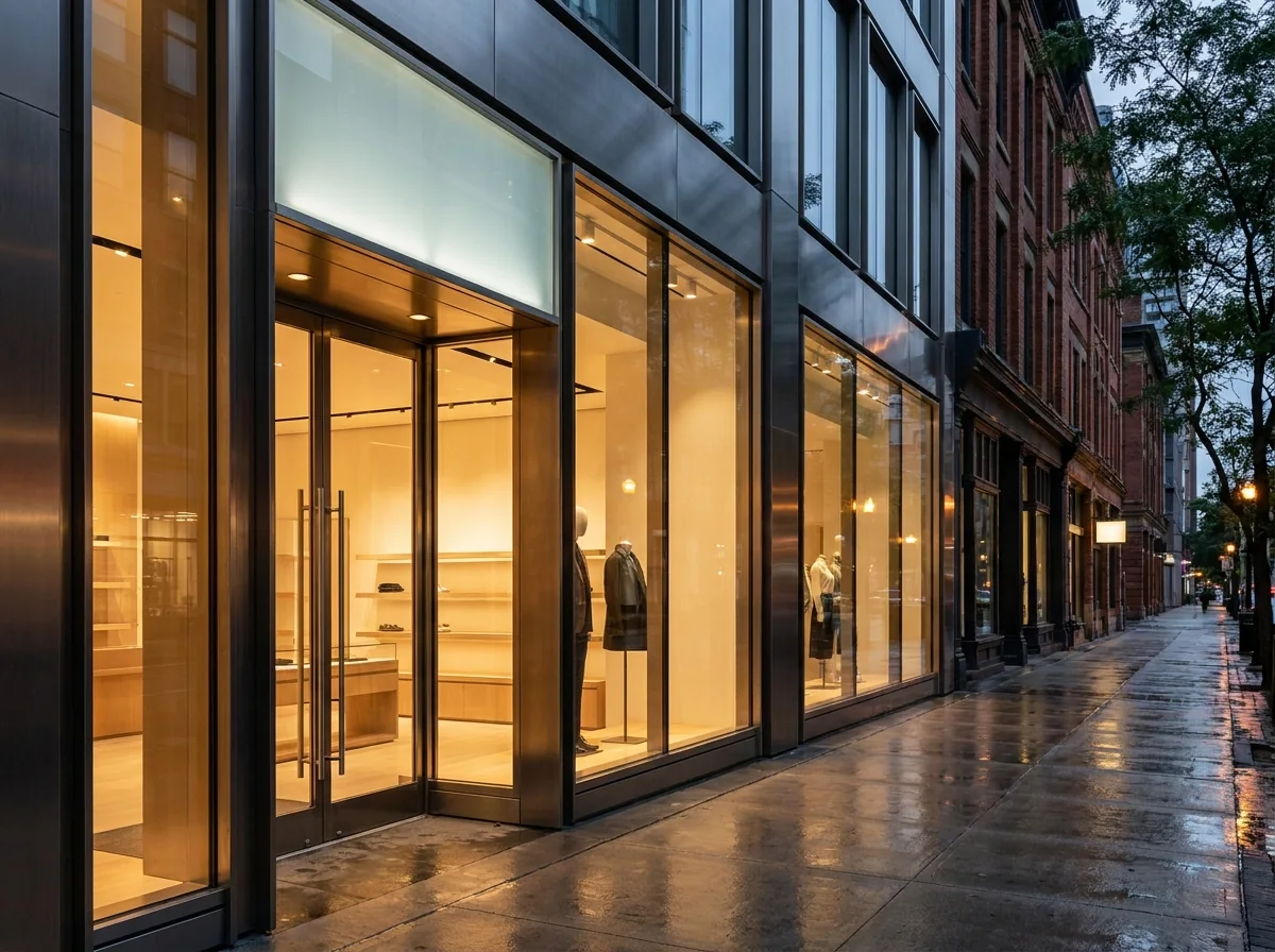 Upscale retail storefront with large glass display windows at dusk